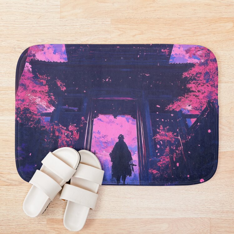 Cherry Blossom Moonrise At Ancient Japanese Temple Bath Mat - Image 3