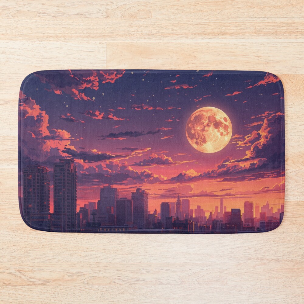 City Moonrise Anime Twilight Skyline Bath Mat