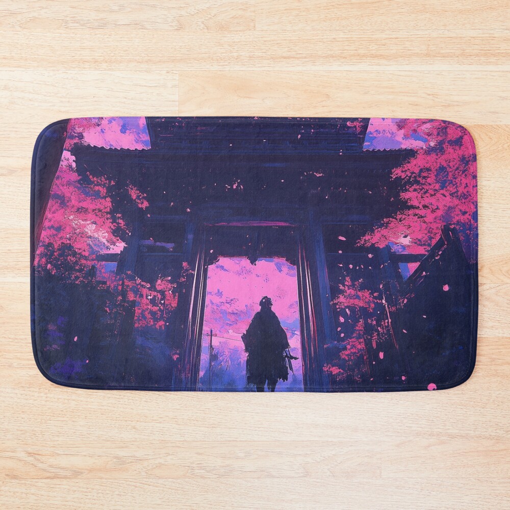 Cherry Blossom Moonrise At Ancient Japanese Temple Bath Mat